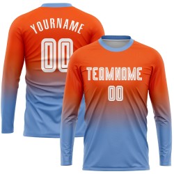 Maillot de football personnalisé à manches longues, orange, blanc et bleu clair, imprimé par sublimation